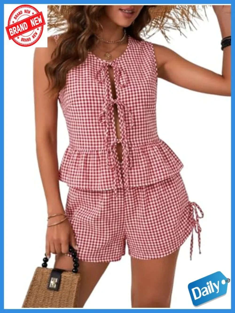 Trendy Gingham Shorts Set, Sleeveless Blouse, Cotton Blend, Adjustable